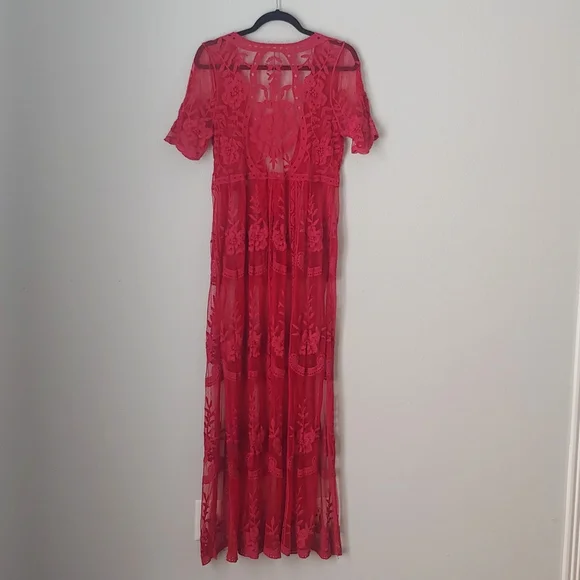 Red Lace V-Neck Women's Dress - Picture 5 of 14